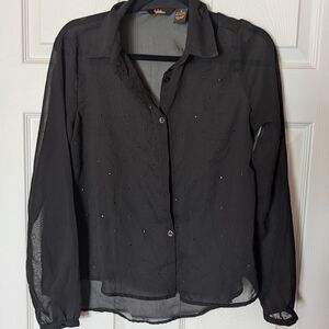 Sheer Black Button-Down Shirt with Subtle Rhinestone Detail